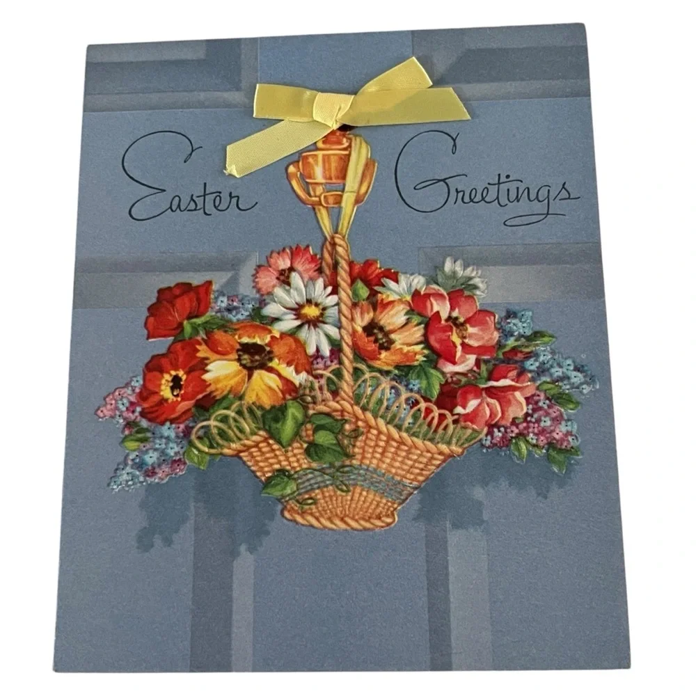 Unused Vintage Easter Greeting Card Basket of Flowers Ribbon Bow Quaint Shop